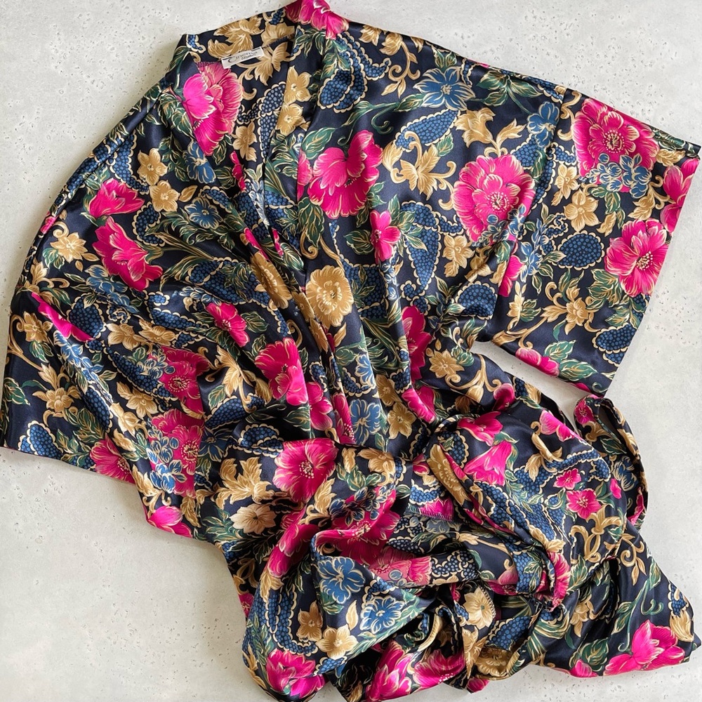 Vintage Cinema Etoile Sexy Silk Pink Floral Flower Print Lingerie Robe - Picture 6 of 8
